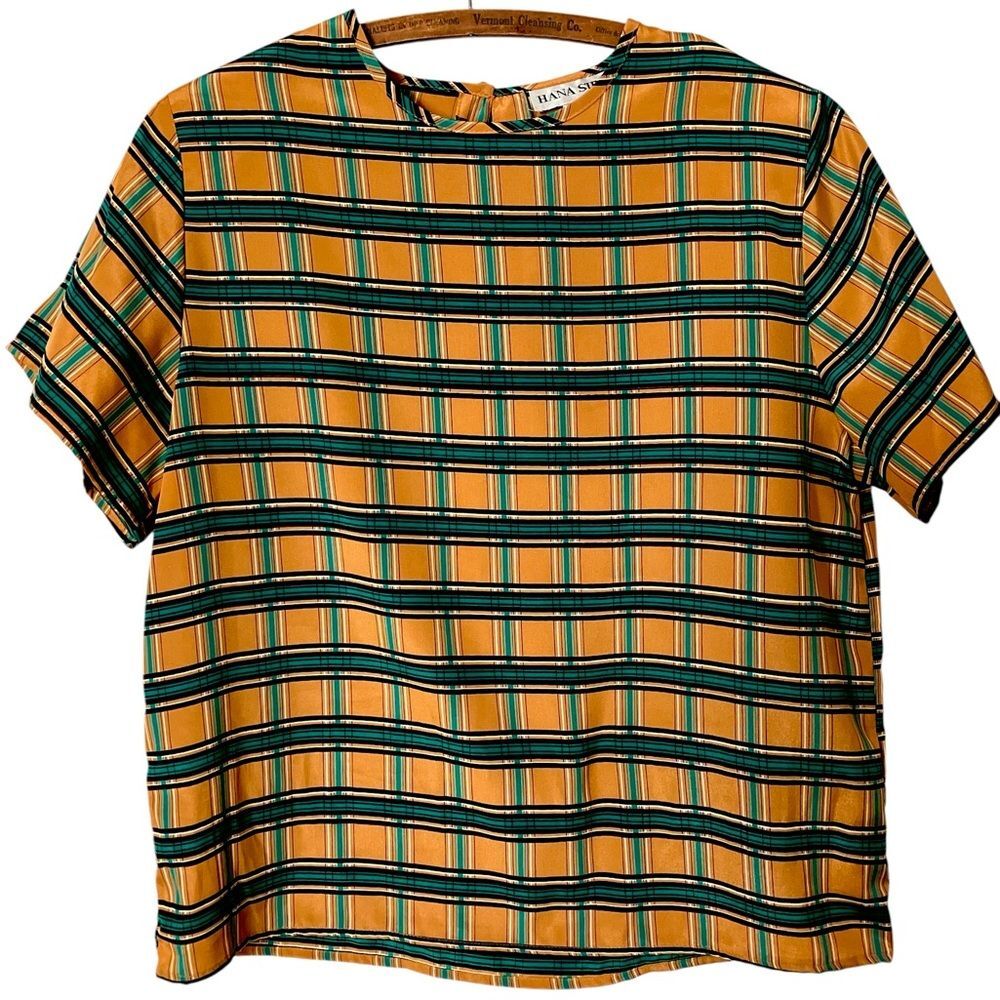 Vintage Hana Sung Top Size L Plaid Keyhole Gold Shoulder Pads Summer Fall